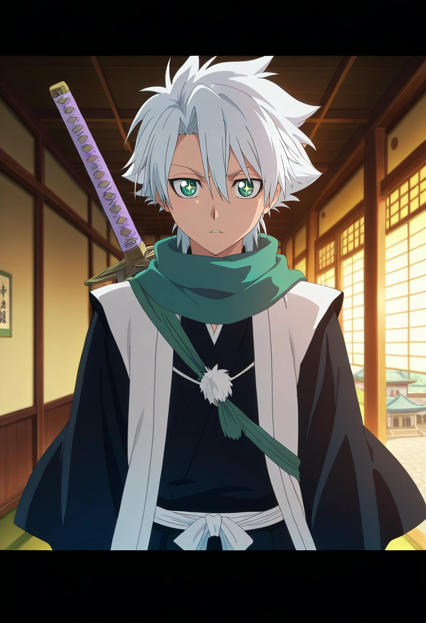 masterpiece, best quality, intricate details, anime screencap, , official style, looking at viewer, , 1boy, solo, male focus, <lora:toushirou_hitsugaya_ilxl:0.94>, toushirou_hitsugaya, white hair, green eyes, hair between eyes, scarf, , , . sword, , focused, town, japanese architecture, indoors, light, holding weapon, sparkling eyes,