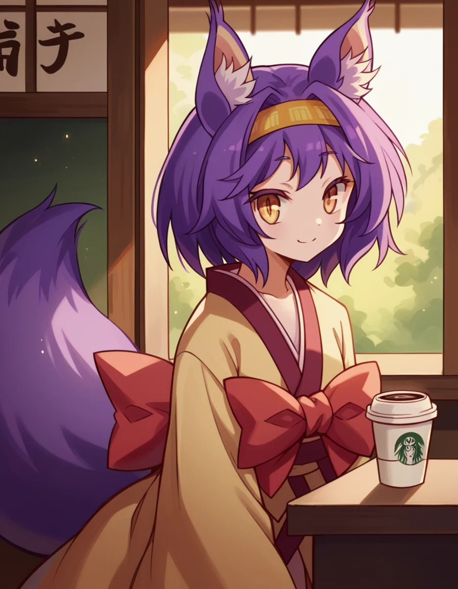 score_9, score_8_up, score_7_up, source_anime, <lora:izuna-hatsuse-s1-ponyxl-lora-nochekaiser:1>, izuna hatsuse, short hair, animal ears, purple hair, hairband, animal ear fluff, fox ears, slit pupils, yellow eyes,, bow, tail, japanese clothes, wide sleeves, kimono, fox tail, short kimono,, cafe, coffee cup, barista, sitting down, talking, relaxing, sunlight through window, smile, looking at viewer, smile, from side, solo,, cowboy shot, dutch angle