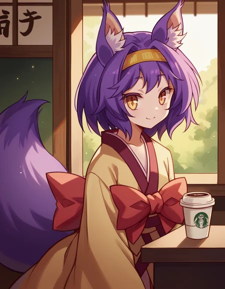 score_9, score_8_up, score_7_up, source_anime, <lora:izuna-hatsuse-s1-ponyxl-lora-nochekaiser:1>, izuna hatsuse, short hair, animal ears, purple hair, hairband, animal ear fluff, fox ears, slit pupils, yellow eyes,, bow, tail, japanese clothes, wide sleeves, kimono, fox tail, short kimono,, cafe, coffee cup, barista, sitting down, talking, relaxing, sunlight through window, smile, looking at viewer, smile, from side, solo,, cowboy shot, dutch angle
