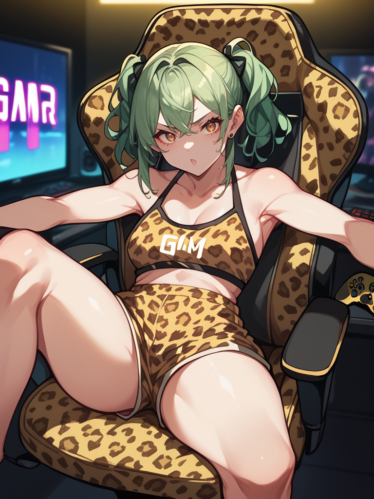 score_9,score_8_up,score_7_up,source_anime,1girls,<lora:leopard_p_pony:1>,leopard print,animal print,gamer girl sitting on gaming chair,long green hair,dirty dark room,neon lights,spread arms,hands out of frame