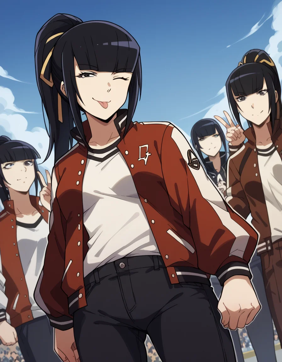 score_9, score_8_up, score_7_up, source_anime, <lora:narberal-gamma-s1s2-ponyxl-lora-nochekaiser:1>, narberal gamma, black hair, high ponytail, long hair, slanted eyes, narrow eyes, black eyes, medium breasts,, <lora:letterman-jacket-ponyxl-lora-nochekaiser:1>, letterman jacket, jacket,, outdoors, crowd, people, v, v over eye, one eye closed, tongue out, smile, beanie, pants, open clothes, open jacket, , cowboy shot, dutch angle