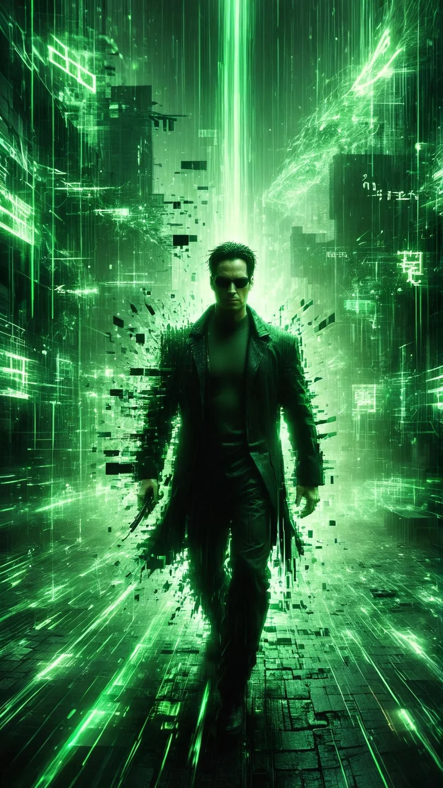 The Matrix poster with big (digital, cyber style text) ("The Matrix":1.5) In a futuristic, digital world, Neo stands in a fighting stance, with a cascade of green code falling in the background. Surrounding him are the iconic urban elements of the Matrix, including skyscrapers and dark alleyways. The scene is photographed from a dynamic angle, highlighting the realism of the digital effects and Neo's intense focus. The lighting emphasizes the contrast between the dark, shadowy environment and the glowing green code, creating a thrilling and otherworldly atmosphere.
<lora:aidmaGlitchStyle-v0.1:0.75> glitch, flickering, digital, glitching
<lora:SDXLFaeTastic2400:0.35>
<lora:aidma-Image Upgrader-v0.1:0.4>