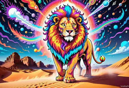 A huge incredible lion is walking along the colorful psychedelic dunes of ((desert)). the lion's mane shimmers with all the colors of the rainbow. it feels like a lion is burning with a multicolored flame. background: ((black night)) with rare large stars. the inscription on the picture: "Graógramán", addotional tail