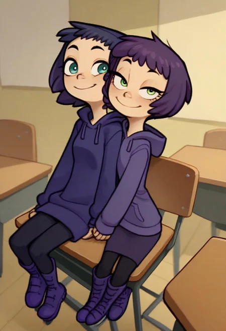 score_9, score_8_up, score_7_up, score_6_up, score_5_up, score_4_up, 2 girls in image, sitting on desks, smiling, looking at viewer, arms around each other, friends,
BREAK,
1 girl, square head, green eyes, squinch, round eyes, dark blue hair, dark blue dress sweater, black leggings, small black boots,
BREAK
1 girl, purple hair, long eyelashes, purple hoodie, purple skirt, purple shoes,