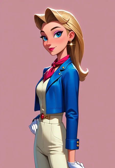 score_9, score_8_up, score_7_up, mgas, masterpiece, best quality, detailed eyes, detailed face, perfect eyes, high detailed, absurdres, highres, casual game art, mobile game art, merge 3 game art, character design, BREAK 1girl, woman, solo, mature, slim, aristocrat, discontented, disgruntled, medium breasts, blue eyes, light blonde hair, long hair, her hair is pulled back in a ponytail, single ponytail, gold triangular earrings with a red gemstone, pink lips, light pink eye shadow, red handkerchief tied around the neck, blue jacket with pointed shoulders, pink lapel, white jacket, white gloves with stripes, white pants, BREAK ((the right hand holding a small disgruntled dog:1.5)), the left hand on the hip, standing, cowboy shot, semi-sideways, half-sideways, looks to the left, simple background, purple background