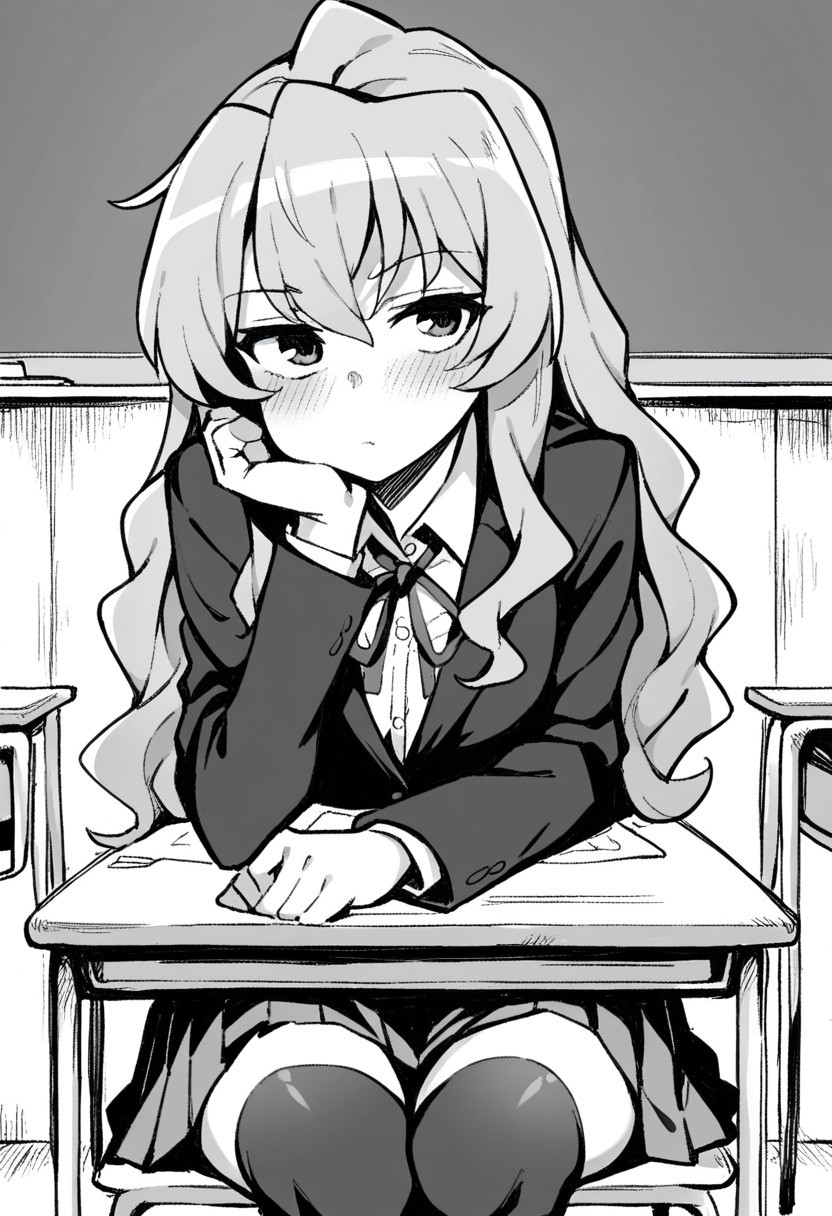 score_9, score_8_up, score_7_up, source_anime, 1girl, solo, taiga aisaka (/toradora/), long hair, short female, collared shirt, blazer, neck ribbon, pleated skirt, black thighhighs, looking at viewer, expressionless, blush, indoors, classroom, desk, sitting, chair, head rest, cowboy shot, manga, monochrome, wagashi style