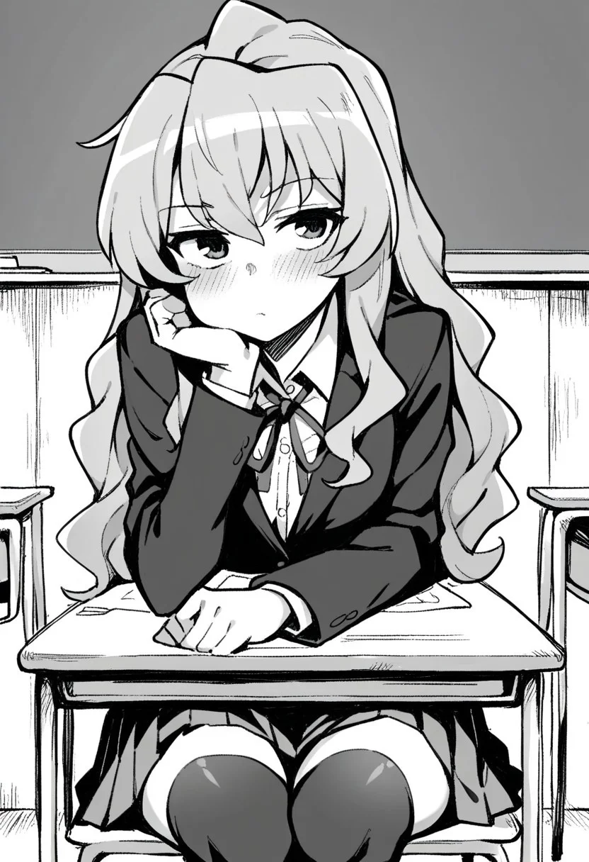 score_9, score_8_up, score_7_up, source_anime, 1girl, solo, taiga aisaka (/toradora/), long hair, short female, collared shirt, blazer, neck ribbon, pleated skirt, black thighhighs, looking at viewer, expressionless, blush, indoors, classroom, desk, sitting, chair, head rest, cowboy shot, manga, monochrome, wagashi style
