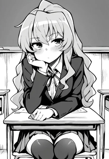 score_9, score_8_up, score_7_up, source_anime, 1girl, solo, taiga aisaka (/toradora/), long hair, short female, collared shirt, blazer, neck ribbon, pleated skirt, black thighhighs, looking at viewer, expressionless, blush, indoors, classroom, desk, sitting, chair, head rest, cowboy shot, manga, monochrome, wagashi style