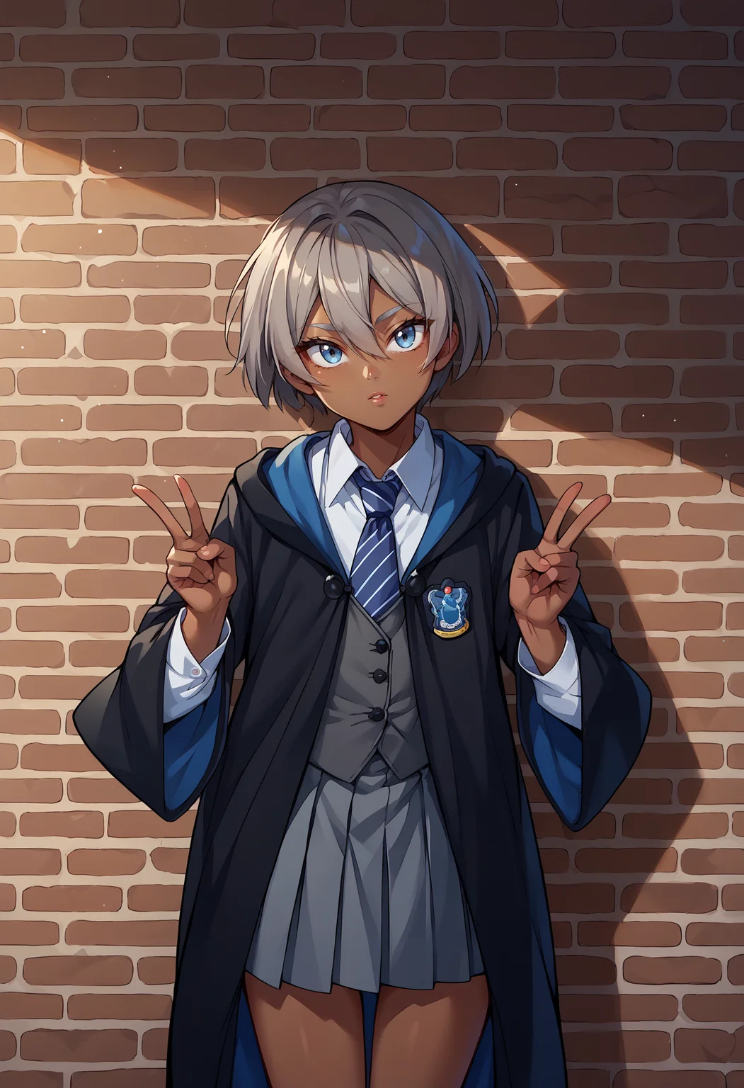 score_9, score_8_up,score_7_up, source_anime, 1girl, solo, <lora:EPpkBea:1>, short hair, grey hair, dark-skinned female, dark skin, hair between eyes, grey eyes, Saitou,<lora:EPRobeRavenclaw:1>, EPRobeRavenclaw, wearing EPRobeRavenclaw, collared shirt, open robe, white shirt, emblem, grey skirt, black robe, blue necktie, striped necktie, grey vest, wide sleeves, long sleeves, hood down, head tilt, brick wall, looking at viewer, leaning to the side, parted lips, closed mouth, against wall, miniskirt, pleated skirt, double v,