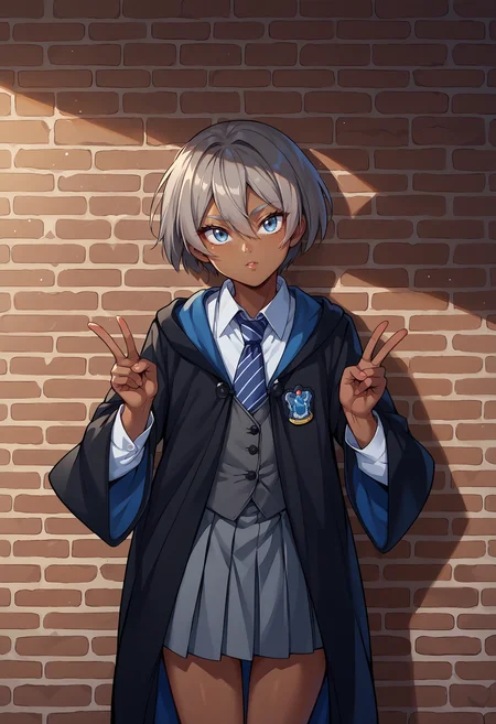 score_9, score_8_up,score_7_up, source_anime, 1girl, solo, <lora:EPpkBea:1>, short hair, grey hair, dark-skinned female, dark skin, hair between eyes, grey eyes, Saitou,<lora:EPRobeRavenclaw:1>, EPRobeRavenclaw, wearing EPRobeRavenclaw, collared shirt, open robe, white shirt, emblem, grey skirt, black robe, blue necktie, striped necktie, grey vest, wide sleeves, long sleeves, hood down, head tilt, brick wall, looking at viewer, leaning to the side, parted lips, closed mouth, against wall, miniskirt, pleated skirt, double v,