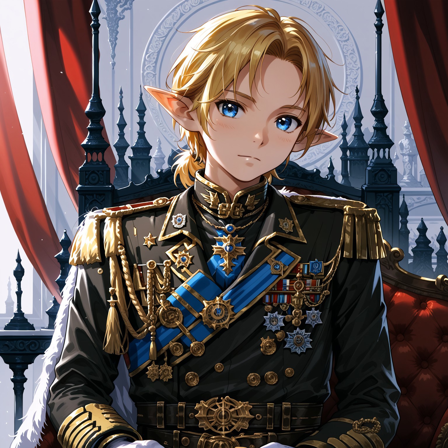 safe_pos, safe_pos, Score_9,score_8_up,score_7_up, Highly detailed, masterpiece, high quality, beautiful, high resolution, good details, 1boy, 1boy, sexy (cute petite boy), source_anime, skinny, aged down, petite, Boy, detailed background, gloves, 

YoungLink, blonde hair, pointy ears,  blue eyes,

, aiguillette, military, uniform, male focus, looking at viewer, white gloves, epaulettes