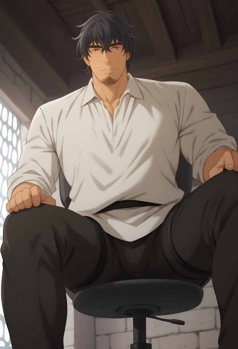 score_9, score_8_up, score_7_up, score_6_up, (perfect anatomy:1.3), perfect proportions, best quality, masterpiece, high-resolution, high quality, solo man, male focus, bara, mature, masculine, manly, handsome, charming, alluring, seductive, sitting on office chair, widely spread legs, (from below, low angle, view between legs), (perfect face, perfect eyes:1.4), LLeoArte, facial hair, medieval white shirt, sleeves rolled up skin-tight black pants