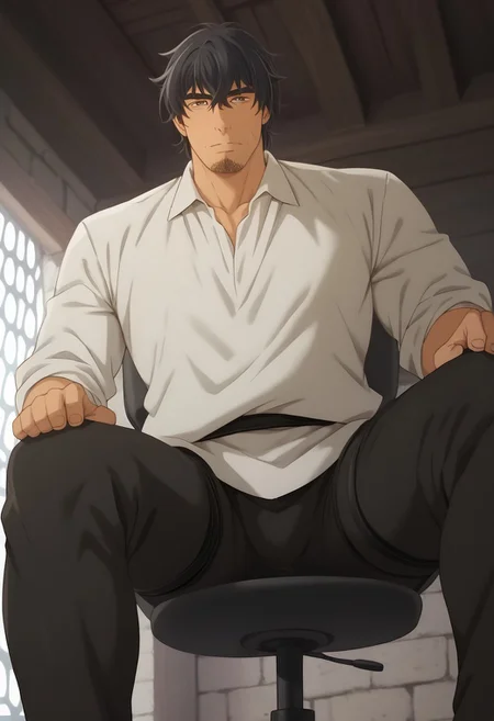 score_9, score_8_up, score_7_up, score_6_up, (perfect anatomy:1.3), perfect proportions, best quality, masterpiece, high-resolution, high quality, solo man, male focus, bara, mature, masculine, manly, handsome, charming, alluring, seductive, sitting on office chair, widely spread legs, (from below, low angle, view between legs), (perfect face, perfect eyes:1.4), LLeoArte, facial hair, medieval white shirt, sleeves rolled up skin-tight black pants