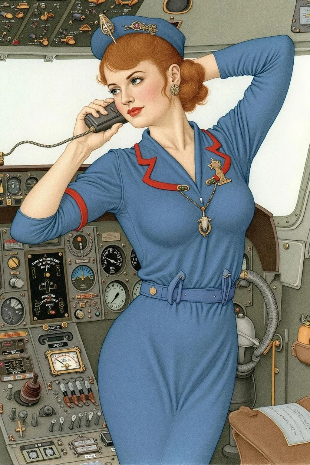 olgadugina1 illustration.
A woman dressed in a blue vintage stewardess uniform with red accents stands in the cockpit of an aircraft. She leans on the control panel, holding a communication device to her ear. Her arm is raised to keep her steady. The cockpit is filled with various instruments and controls, including dials, gauges, and a steering wheel. <lora:olgadugina2_cap_d6a3e9:1.0><lora:858118844139465783:0>