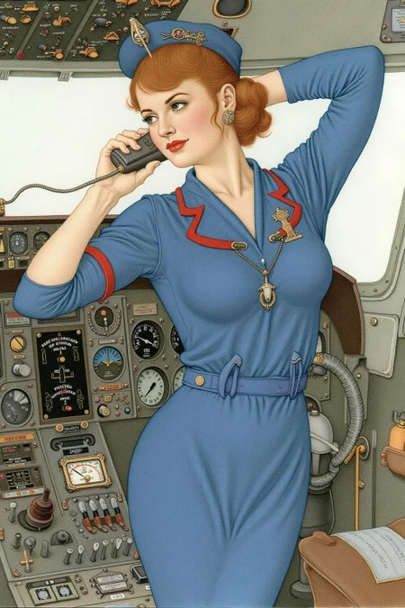 olgadugina1 illustration.
A woman dressed in a blue vintage stewardess uniform with red accents stands in the cockpit of an aircraft. She leans on the control panel, holding a communication device to her ear. Her arm is raised to keep her steady. The cockpit is filled with various instruments and controls, including dials, gauges, and a steering wheel. <lora:olgadugina2_cap_d6a3e9:1.0><lora:858118844139465783:0>