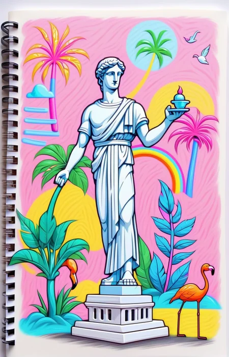 stick figure drawing of a vaporwave marble roman statue, drawn on ruled paper, lined paper, pink flamingos, monstera leaves, doodle, icons, sketches in pencil, marker, crayons, pastel colors, 1990's influence, <lora:xl Crayons:1> in the style of children's crayola