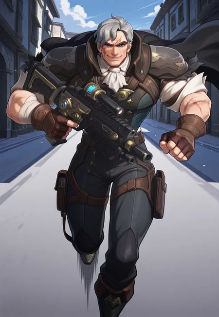2d, animated, anime face, manga face, anime coloring, anime screencap, rim light, soldier: 76 \(survivor: 76\) \(overwatch\), short hair, grey hair, blue eyes, scar on face, scar on mouth, bara, himbofication, (muscular, broad shoulders, big arms, large pectorals, small waist, narrow waist, wide hips, thick thighs), (white ascot, white shirt, vest, cape, brown gloves, fingerless gloves), running, sprinting, holding weapon, holding an assault rifle, scenery, smirk, three quarter view, very awa, masterpiece, best quality, absurdres, newest, perfect quality, detailed background, intricate details