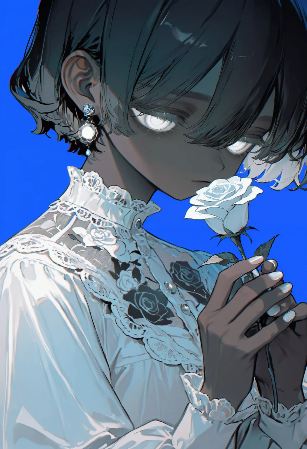 <lora:bmEybWVndV9f-illustriousXL_v01_V2-CAME>, bmEyb, holding flower, flower, glowing, 1girl, solo, holding, short hair, rose, dark skin, blue background, white flower, white nails, dark-skinned female, long sleeves, hair between eyes, earrings, white rose, jewelry, upper body, simple background, very dark skin, black hair, blue theme, glowing eyes, looking up, blue nails, shirt, closed mouth, expressionless, floral print, puffy sleeves, lace, white shirt, fingernails, white eyes, lace trim