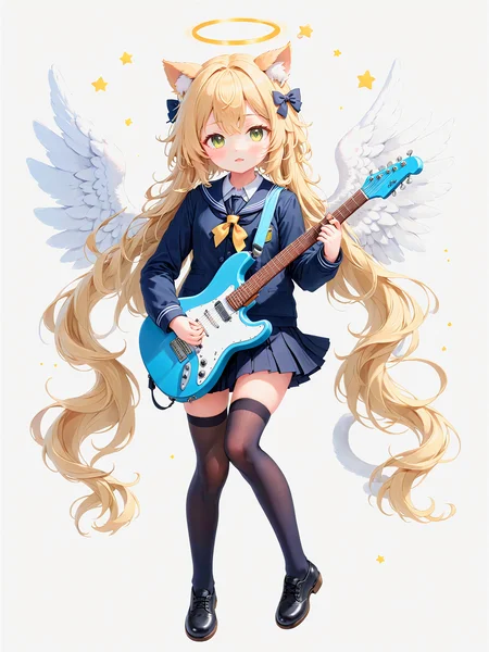 white background,semilong wavy blonde hair,angel wing,Angel Halo,full body,(school uniform:1.2),black thighhighs,cute,cat ears, white background,play the guitar