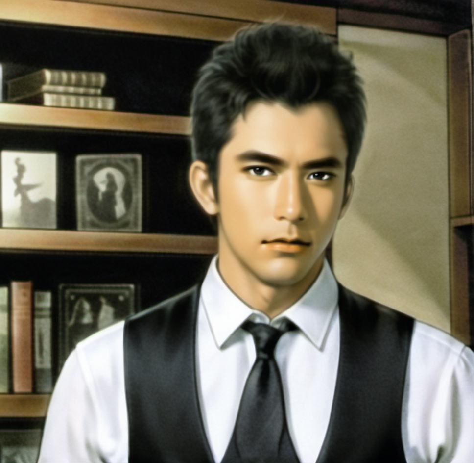 The image shows a man in a white shirt and black vest standing in front of a bookshelf filled with books. He has a serious expression on his face and his hair is neatly combed. He is wearing a black vest over a white collared shirt and a black tie. The bookshelves behind him are filled with a variety of books of different sizes and colors. <lora:å°è¯´ç«ç»-000009:0.8>,