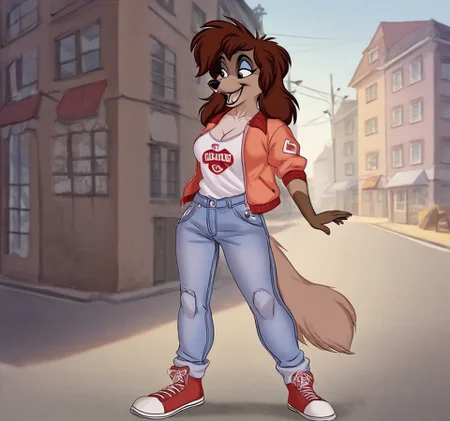 score_9,score_8,score_7,source_furry,
rita_oliver, rita_saluki, saluki, 1girl, solo, breasts, pants, shirt, furry female, brown hair, furry, jacket, long hair, cleavage, open clothes, bangs, denim, teeth, standing, body fur, animal ears, smile, tail, outdoors, collarbone, brown fur, open jacket, watermark, medium breasts, artist name, shoes, snout, sidelocks, animal nose, happy, full body, brown eyes, retro artstyle, open mouth, two-tone fur, anthro, furrification, anthro dog,
<lora:Rita_Oliver:1> rita_oliver,