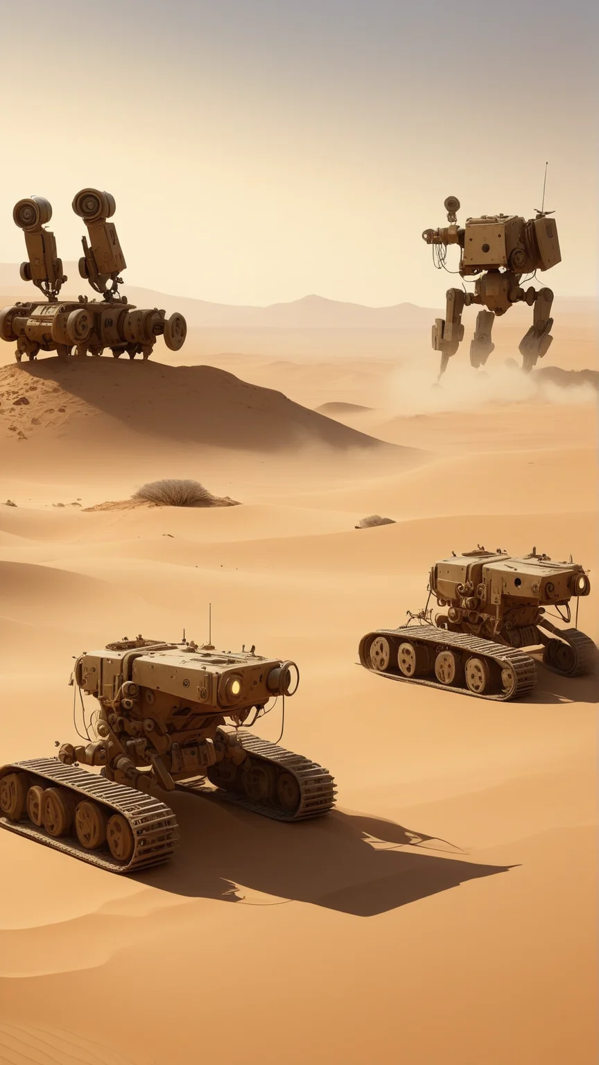 fantasy, archaeology theme, <lora:ExpeditionStyleXL:1> ExpeditionStyle a desert field filled with forgotten war robots