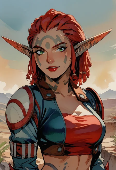 ashelin_jd,1girl,solo,elf,pointy ears,tattoo,cropped jacket,red top,clevage,medium breast,green eyes,anime