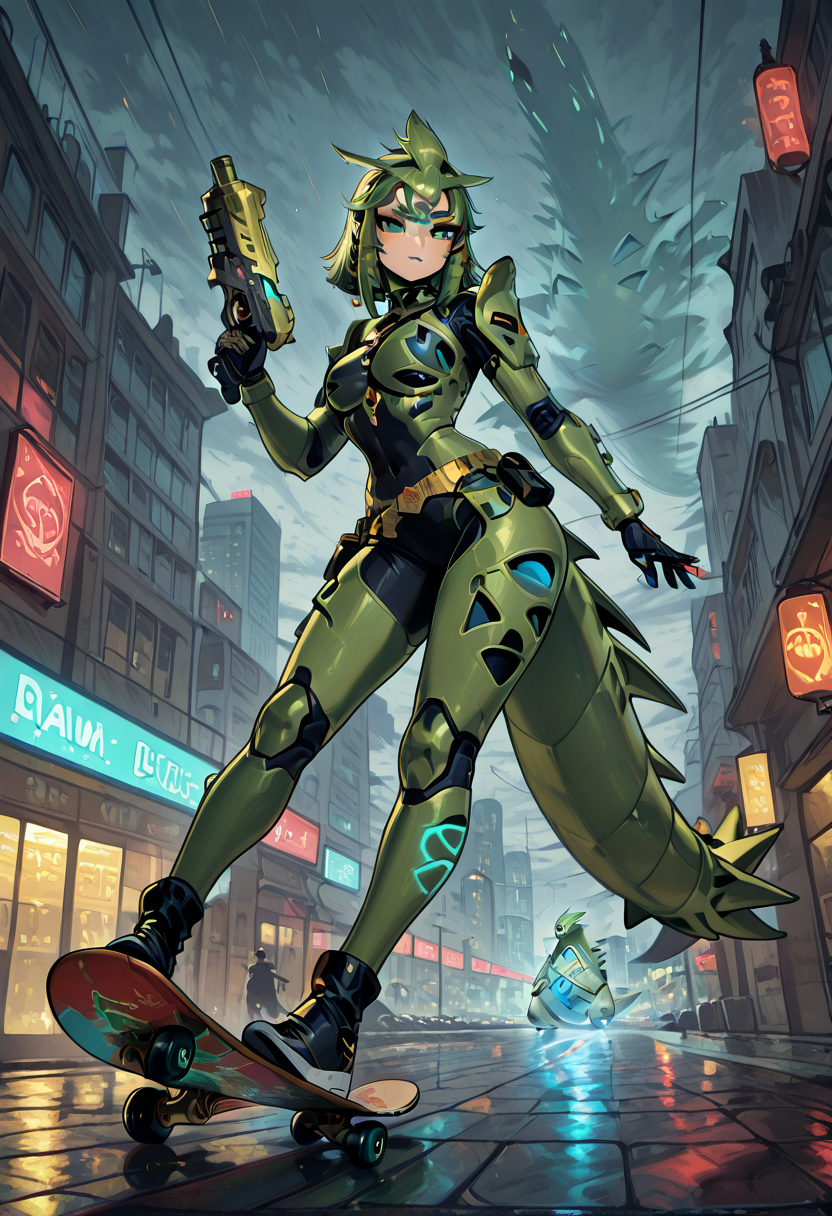 masterpiece, best quality, 1girl, eyelashes, (beautiful eyes), looking at viewer,      zzRijuT, tyranitar, neon glowing cyber armor, metallic bodysuit, illuminated tattoos, high-tech visor, holographic accessories, utility belt with gadgets, sleek boots, futuristic gloves with glowing fingertips, glowing pistol, hovering skateboard, digital tattoos, neon-lit streets, towering skyscrapers, rain-soaked pavement, neon signs, holographic advertisements, bustling city crowd, electric lights, (dynamic pose:1.2), (holding gun:1.3), (hovering on skateboard:1.2), reflective puddles, sleek futuristic vehicles, cybernetic implants, glowing cityscape, augmented reality elements, urban jungle, intense city hustle, cyberpunk aesthetic  ,<lora:RijuTyrannitarCitron_IXL:1.0>,
