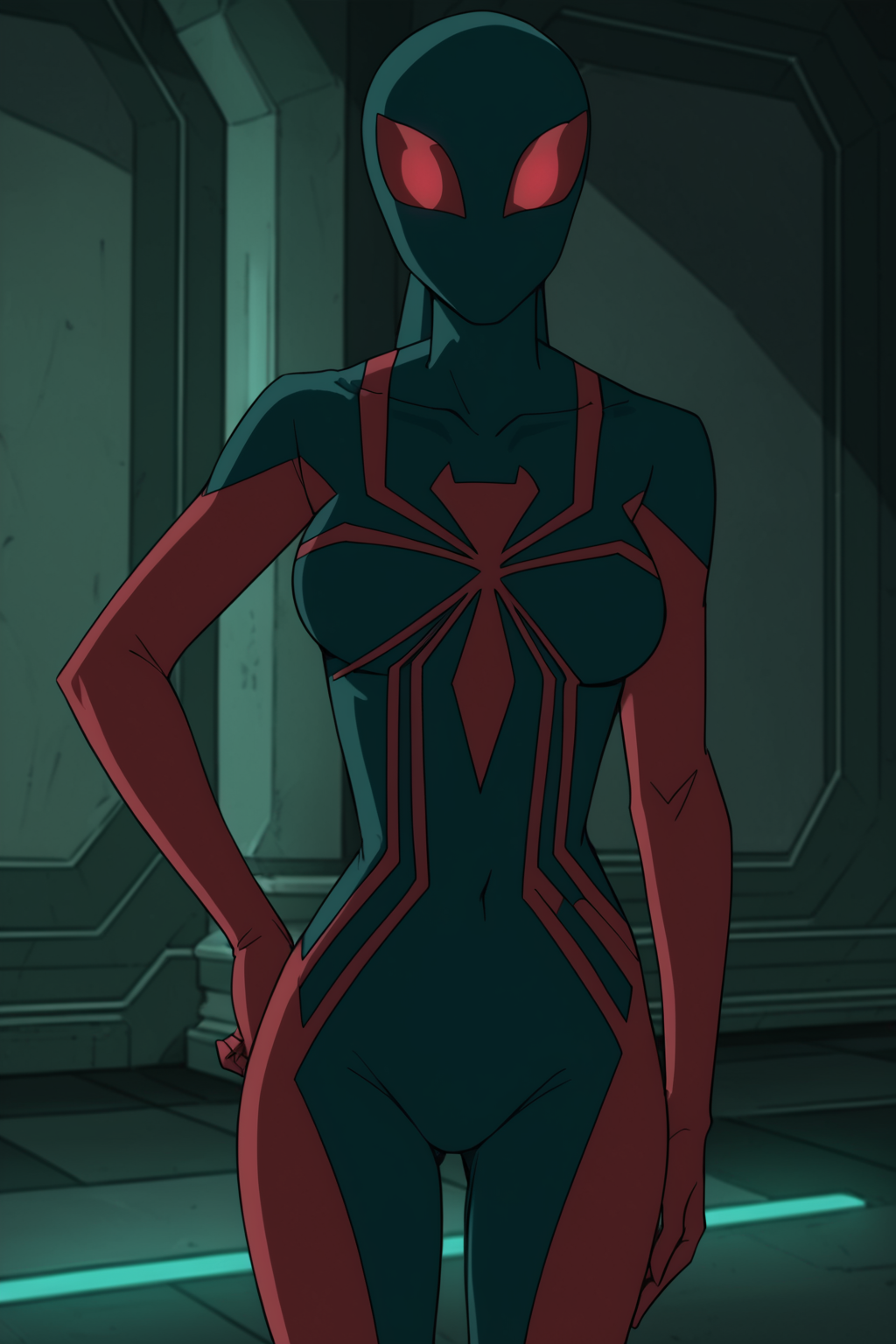 PonyXLV6_Scores BREAK (((parody)),  perfect anatomy, perfect eyes, cowboy shot), <lora:add_details_xl:0.8> BREAK <lora:Spider-Woman_-_Ultimate_Spider-Man:0.8> mary jane watson, ((looking at viewer)), red eyes, no pupils, superhero, mask, bodysuit, large breasts, curvy, toned, athletic, sexually suggestive pose, arched back, hands on hip, indoors