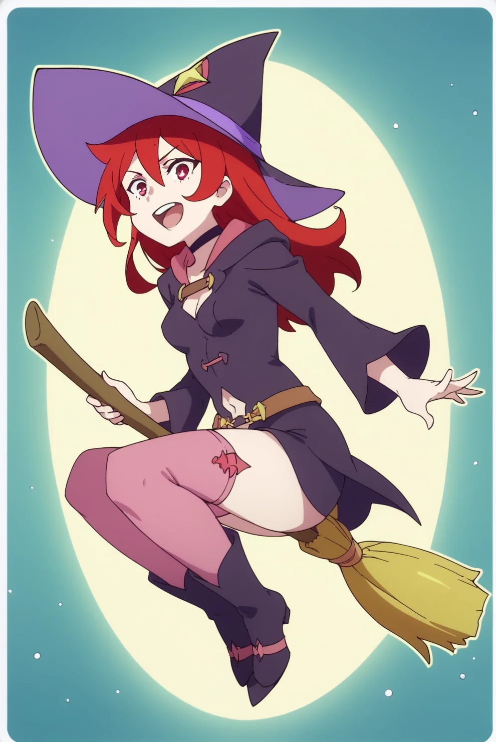 Chariot du Nord, solo, broom riding, witch, witch hat <lora:Little_Witch_Academia-Chariot_du_Nord-PDXL:0.8>
