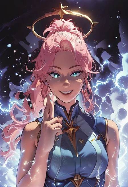 score_8_up, score_7_up, score_6_up, score_5_up, ((adult, cinematic: 1.2, dark theme, full body shot), dramatic lighting, infinity, universe, halo, 1girl, tanlines, straight bang, ponytail, cotton vest, blue shirt with twitter icon, (muryokusho, blue electricity, halo, unimaginable power, universal background, slight smile), light pink blue green, (masterpiece))