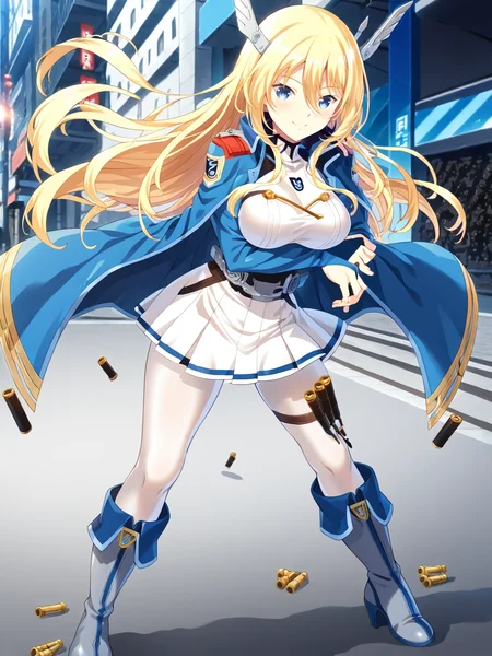 <lora:Escude_-_Yamizome_Liberator_-_All_in_One:1>,escude,mikasa,1girl,solo,blonde hair,blue eyes,long hair,breasts,pantyhose,large breasts,thigh strap,skirt,smile,boots,pleated skirt,rudder footwear,jacket,white skirt,headgear,blush,white pantyhose,bangs,arm under breasts,miniskirt,outdoors,street,sidewalk,action,fighting stance,jacket on shoulders,white bridal gauntlets,ammo,grey footwear,blue coat,standing,dangling, score_9, score_8_up, score_7_up,source_anime,(masterpiece),(best quality),(ultra-detailed),(best illustration),(best shadow),(absurdres),(detailed background),(very aesthetic),source_anime