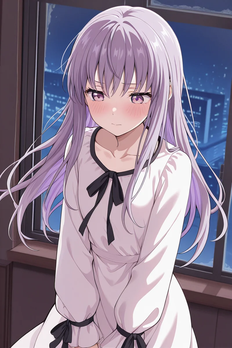 masterpiece, best quality, amazing quality,
<lora:Yukina_IL:1> yukina, 1girl, solo, long hair, window, purple eyes, purple hair, dress, long sleeves, bangs, ribbon, indoors, neck ribbon, blush, collarbone, black ribbon, white dress, closed mouth