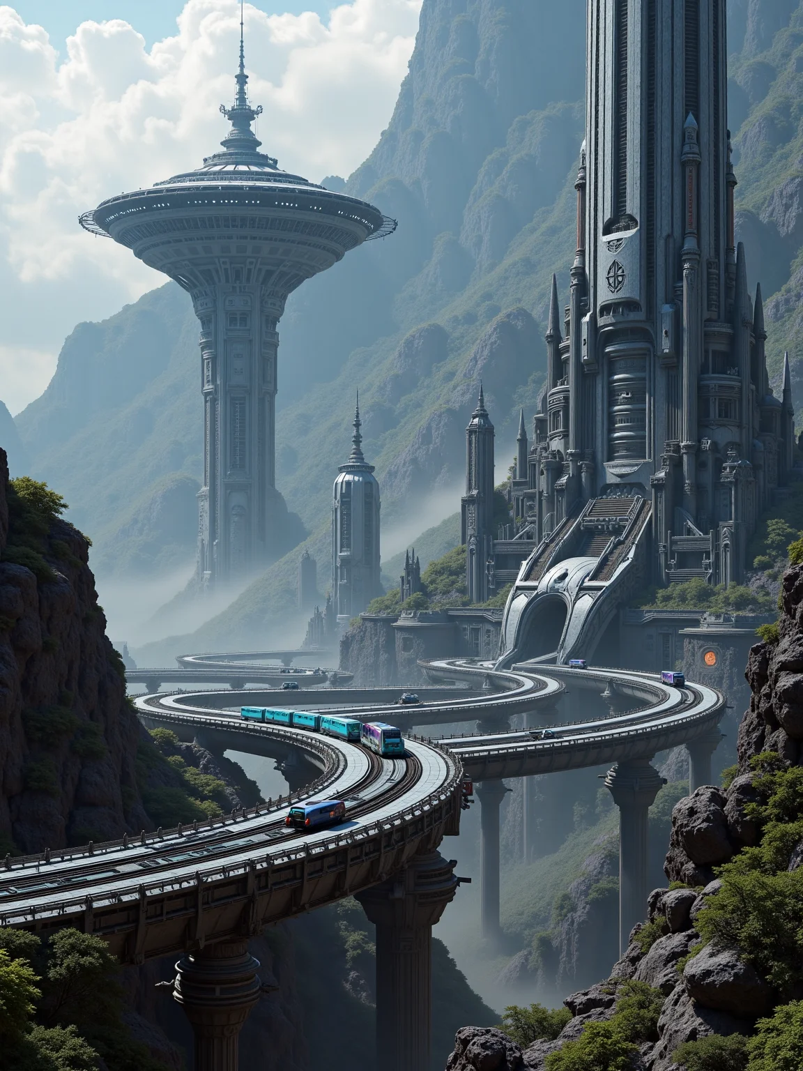 anm-frac of a high detail photo of a huge futuristic high-tech city on a foreign planet. in the center there is a gigantic octopuss from structure that streches far into the sky and has glowing lights on various levels. Also big gardens are edged into building. high speed trains on monorails with blue lights lead to the city and come from a tunel in a big mountain in the distance fractal patterns, in a full train, Industrial Greys: Charcoal, slate, and steel grey for a modern, urban aesthetic, cinematic film still, ultra realistic photograph
<lora:anm-frac-v1-000022:1>