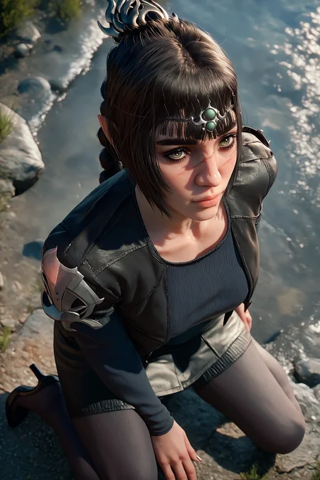 5h4rt, score_9, score_8_up, score_7_up, 1girl, solo, from above, hand extended, mist-covered lake, black leather jacket, black mini skirt, black fishnet stockings, black high heels, watercolor, <lora:_5h4rt:1.0>