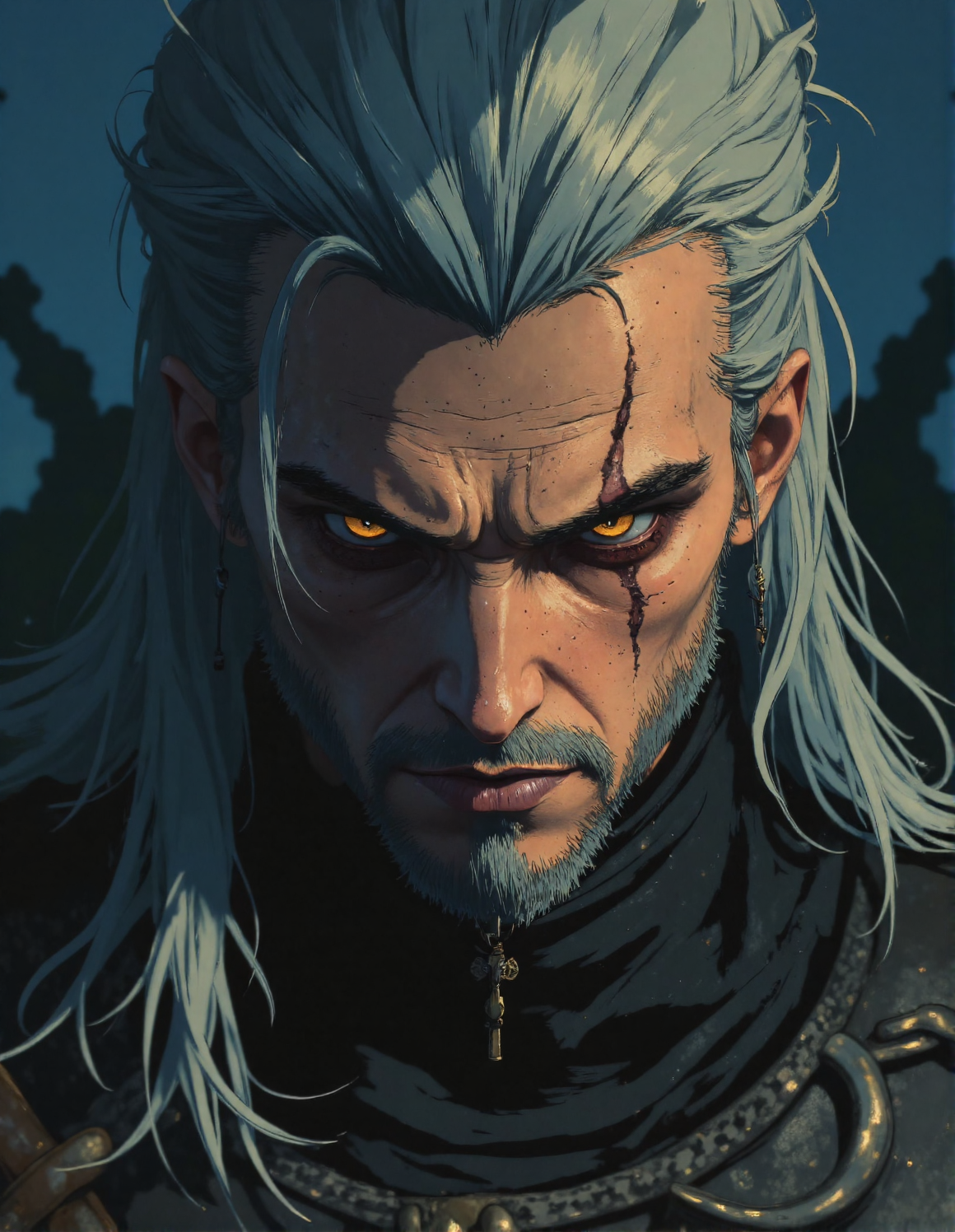 Intense gaze of a Witcher: Extreme close-up on the face of Geralt of Rivia, focusing on his piercing yellow eyes, a deep furrow between his brows, silver hair framing his face, subtle scars visible, dark and gritty atmosphere, high contrast lighting emphasizing his determined expression, hint of chainmail visible at the edges of the frame, dark and moody background, hyperrealistic rendering, cinematic lighting, ppg3r4lt, <lora:ìë¬µí:0.8>, <lora:NeonFantasyPrimeFLUX:0.7>, <lora:Geralt_of_Rivia_-_The_Witcher_3:0.4>