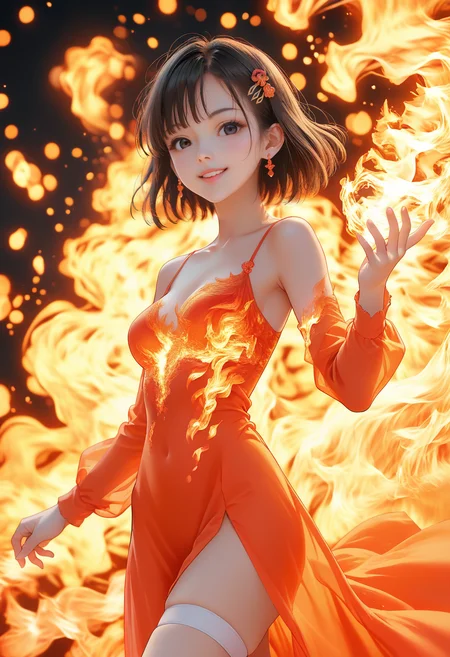 score_9, score_8_up, score_7_up,source_anime, dressof ire, dress of fire, fire dress,cowboy shot, 1girl,,20yo, black hair, black eyes, short bob hair, hair pin,mdeium breast, slender,(white thigh strap:1.1),
front view,large breas,, looking at viewer, evening dress dress, earings, looking at viewer, simple background, dark background, fire background, fires, burning,, action pose, long sleeve dress,smile <lora:dress-of-fire-01-step00001440:1>