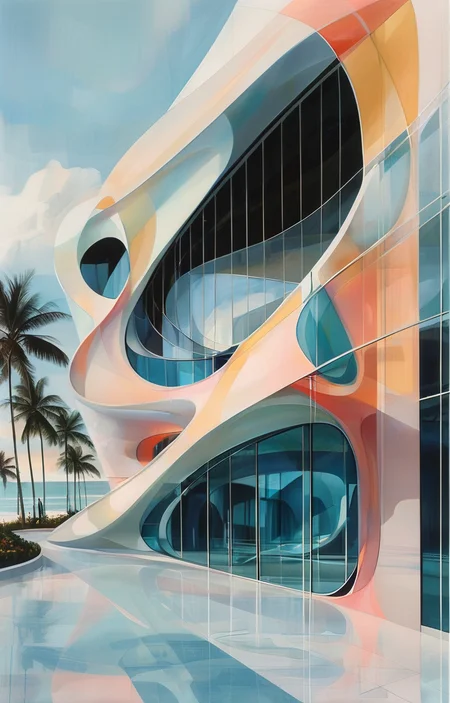 masterpiece,best quality,<lora:tbh307-sdxl:0.9>,illustration,design by Zaha Hadid Art Deco hotel facade in Miami Beach, featuring pastel colors and streamlined forms