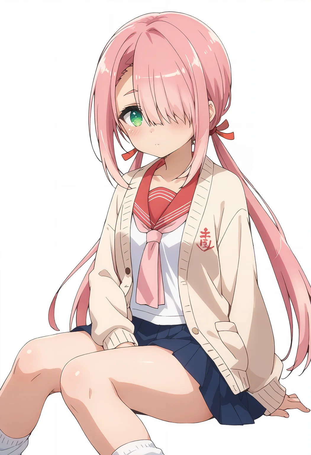score_9_up,score_8_up,score_7_up,<lora:RYZ_v1.0_pony-000030:1>,
YAMS_RYZ,solo,1girl,green eyes,pink hair,long hair,hair over one eye,low twintails,blush,school uniform,sailor collar,cardigan,sidelocks,:o,
simple background,white background,blue skirt,loose_socks,sitting,wariza