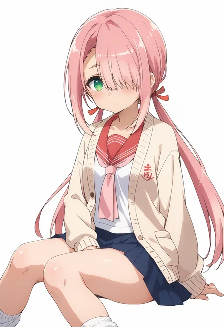 score_9_up,score_8_up,score_7_up,<lora:RYZ_v1.0_pony-000030:1>,
YAMS_RYZ,solo,1girl,green eyes,pink hair,long hair,hair over one eye,low twintails,blush,school uniform,sailor collar,cardigan,sidelocks,:o,
simple background,white background,blue skirt,loose_socks,sitting,wariza