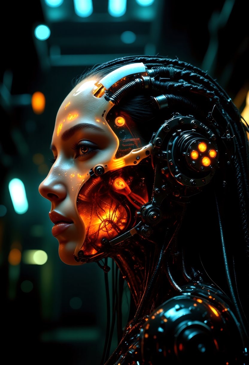 Delirium style, cybernetic woman with a strong, mechanical appearance. Her face is adorned with intricate metal and cybernetic components, including glowing orange lights and mechanical bolts. Her hair is long and braided, with strands of metal and wires visible. The background should be a dark, industrial setting with blurred lights and structures, giving a sense of a futuristic, sci-fi environment. The overall style should be dark and dramatic, with a focus on the intricate details of the cybernetic components. The subject's head is rendered in a mesmerizing, glowing, translucent material that seems to be a blend of organic and mechanical elements. The face and neck are encased in a clear, glass-like material, filled with intricate, swirling patterns of orange, red, and yellow hues, suggesting a mix of biological and technological components.  <lora:flux_realism_lora:0.8>,  <lora:MysticFantasy:0.8>,  <lora:ARTifacts:0.8>,  <lora:style_of_Alena_Aenami_FLUX_326_r1:0.7>, style of Alena Aenami, <lora:Delirium:0.8>, Delirium style,  <lora:style_of_H._R._Giger_FLUX_295:1>, style of H. R. Giger,âââ