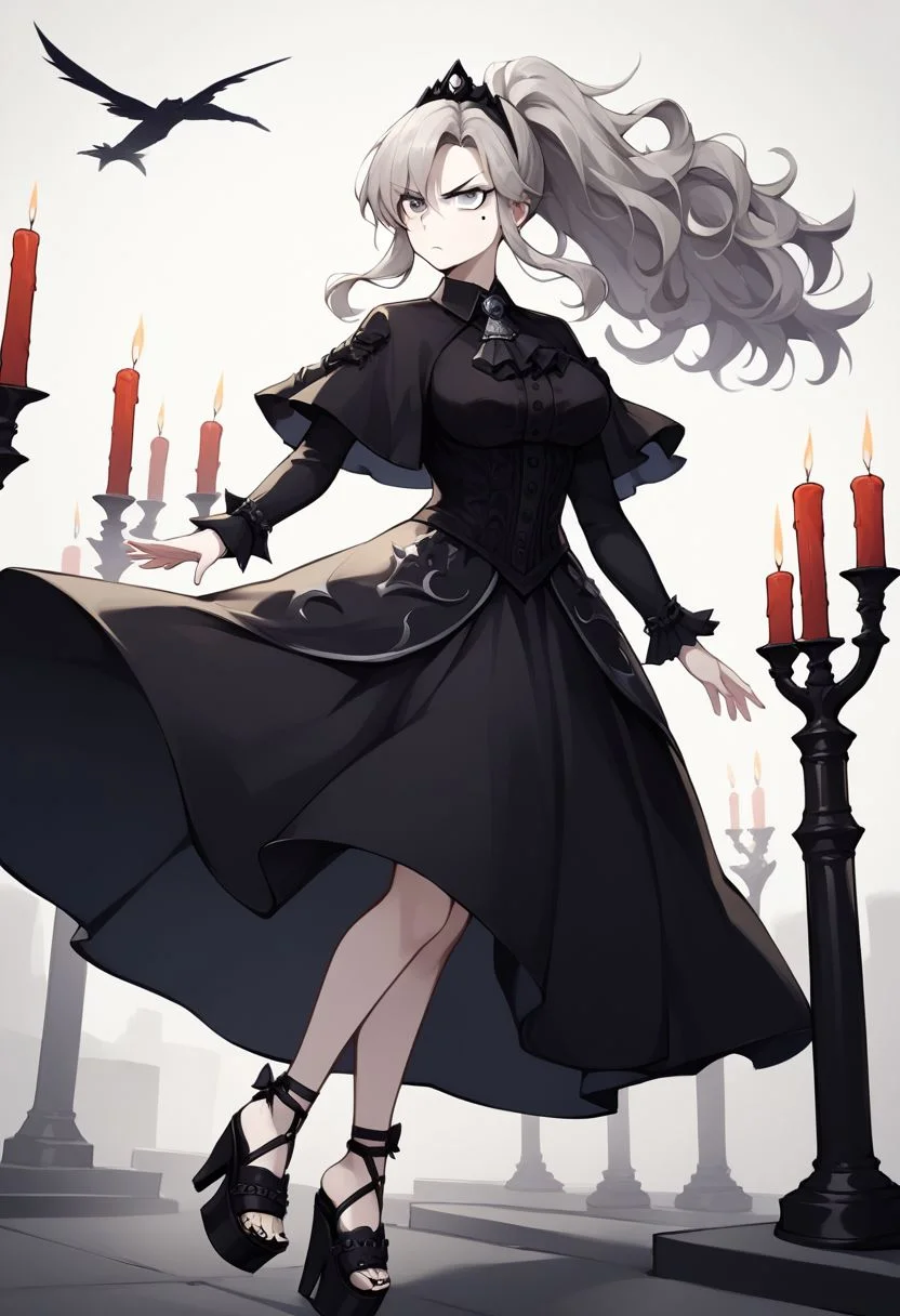 1girl, tall girl, pale skin, grey eyes, grey hair, long hair, curly hair, ponytail, mole under eye, makeup, black dress, platform high heels shoes, platform sandals, goth dress, dress floating, tiara, ascot, capelet, standing, annoyed, gothic, candlelight, <lora:Kriemhild:1> big breasts, score_9, score_8_up, score_7_up, score_6_up, score_5_up, score_4_up, BREAK source_anime, masterpiece