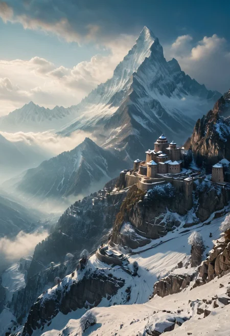 A secluded monastery in the Himalayas, perched above the clouds, serene atmosphere, breathtaking views, ethereal light, hyper-realistic, intricate architectural details, cinematic, surrounded by snow-capped peaks, tranquil scene, masterpiece digital art by Thomas Kinkade and Greg Rutkowski, 8k resolution, stunning landscape. highly detailed and hyper realistic photo, by Alena Aenami , by Archibald Thorburn , by Daniele Afferni , in the style of  monochromatic silhouette reflection,  limited dark palette, unusual dark colors, faded colors, atmospheric haze, highly dramatic cinematic lighting, motion blur, film grain,  professional, excellent composition, finest details, maximized details, ultimate detail level, masterpiece, best quality