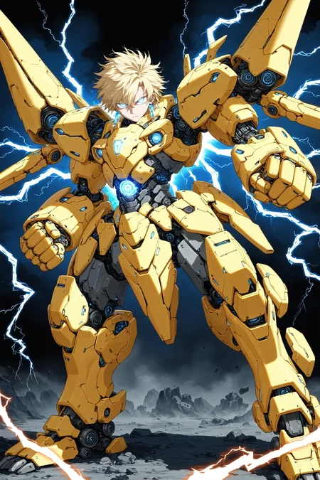 1boy, solo, armor, blonde hair, clenched hands, earrings, fighting stance, glowing, glowing eyes, jewelry, lightning, looking at viewer, mecha musume, mechanical parts, mechanical legs, mechanical parts, messy hair, no pupils, oversized forearms, oversized limbs, science fiction, white eyes