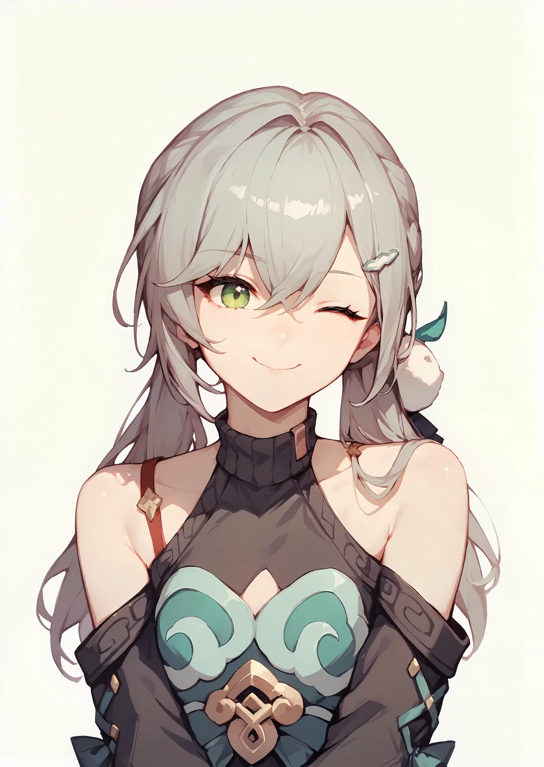 (score_9, score_8_up, score_7_up), 1girl, qinque, shoulder cutout, one eye closed, smile, closed mouth, simple background, <lora:qingque-strPO-v1ar:0.9>