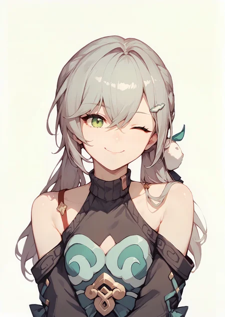(score_9, score_8_up, score_7_up), 1girl, qinque, shoulder cutout, one eye closed, smile, closed mouth, simple background, <lora:qingque-strPO-v1ar:0.9>