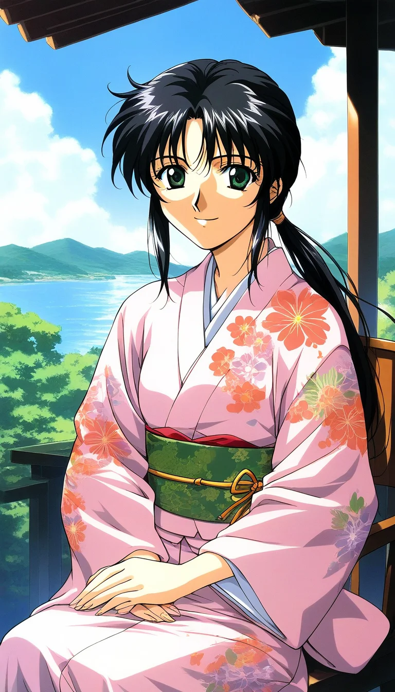 score_9, score_8_up, score_7_up, source_anime, rating_explicit, BREAK <lora:Tachibana_Yumi_XL:1> Tachibana_Yumi, black hair, long hair, green eyes, low ponytail, bangs, sidelocks, 1990s (style),
japanese clothes, kimono, 1girl, sitting, smile, looking at viewer, sash, 1990s (style),
obi, solo, solo focus, chair, pink kimono, floral print, own hands together, long sleeves,
day, sky, outdoor,