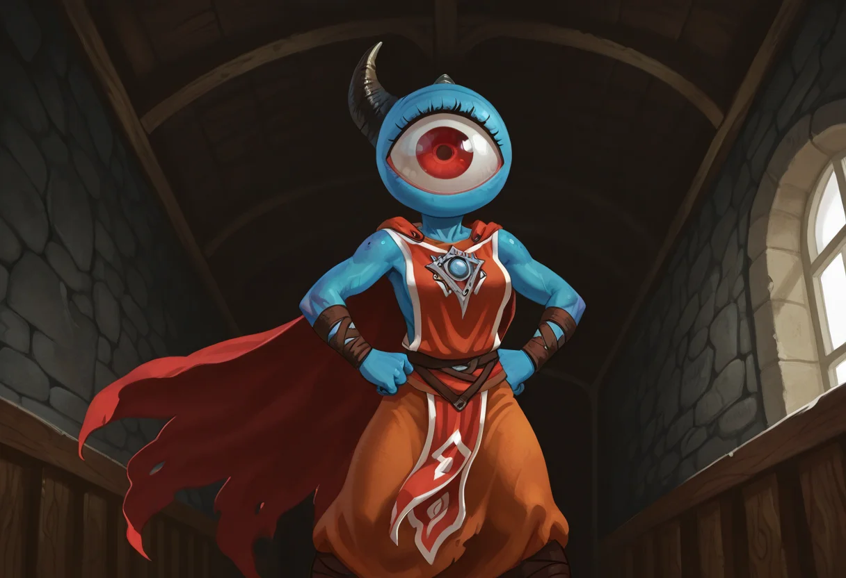 best quality, amazing quality, absurdres, newest, masterpiece, 1girl, ZndrspltMTG, Single Horn, solo, short, short height, homunculus, one-eyed, cyclops, cape, tabard, waistcloth, headband, blue skin, indoors, gladiator barracks, wristbands, mouthless, red pupil, hands on hips, wide angle <lora:Zndrsplt_Eye_of_Wisdom_Magic_the_Gathering:1>