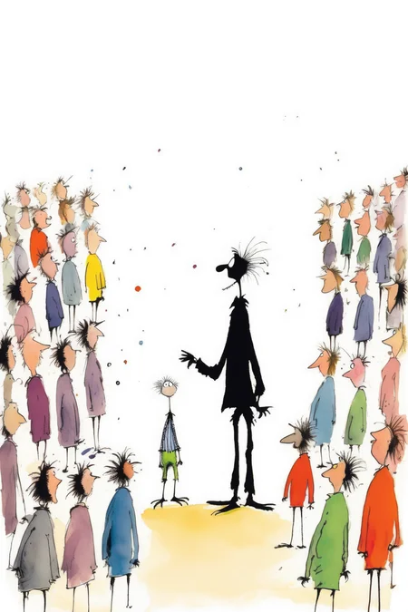 <lora:Quentin Blake Style:1>Quentin Blake Style - Quentin Blake illustration of a talking person standing out from the crowd