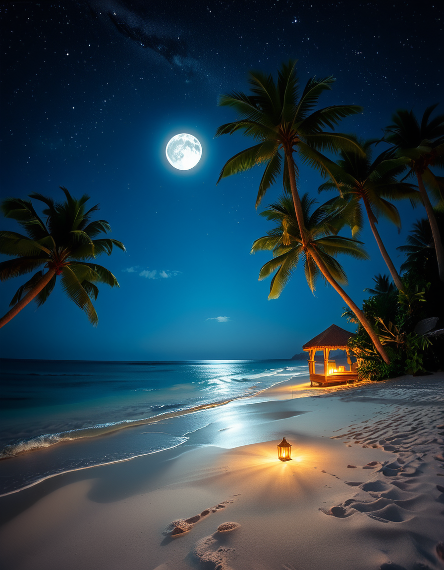 A breathtaking tropical beach at night, illuminated by the soft glow of the moon and twinkling stars. The ocean waves gently lap against the shore, reflecting silver moonlight. Tall palm trees sway slightly in the warm night breeze, their silhouettes contrasting against the deep blue sky. The sand appears smooth and slightly damp, glowing under the moonlight. In the background, distant islands are faintly visible on the horizon, their outlines softened by a light mist. The sky is filled with a mesmerizing display of stars, with the Milky Way faintly visible. The atmosphere is tranquil and serene, evoking a sense of peace and wonder. The image has a high level of detail, realistic textures, and a dreamy cinematic quality.
<lora:SDXLFaeTastic2400:0.4> <lora:extremely_detailed:0.4> extremely detailed,  <lora:tropical_beach_4t_n1ght:1>,tropical beach 4t n1ght, Masterpiece,best quality,hi res,8k,hi res,8k,award winning,(sharp focus, intricate, highly detailed),